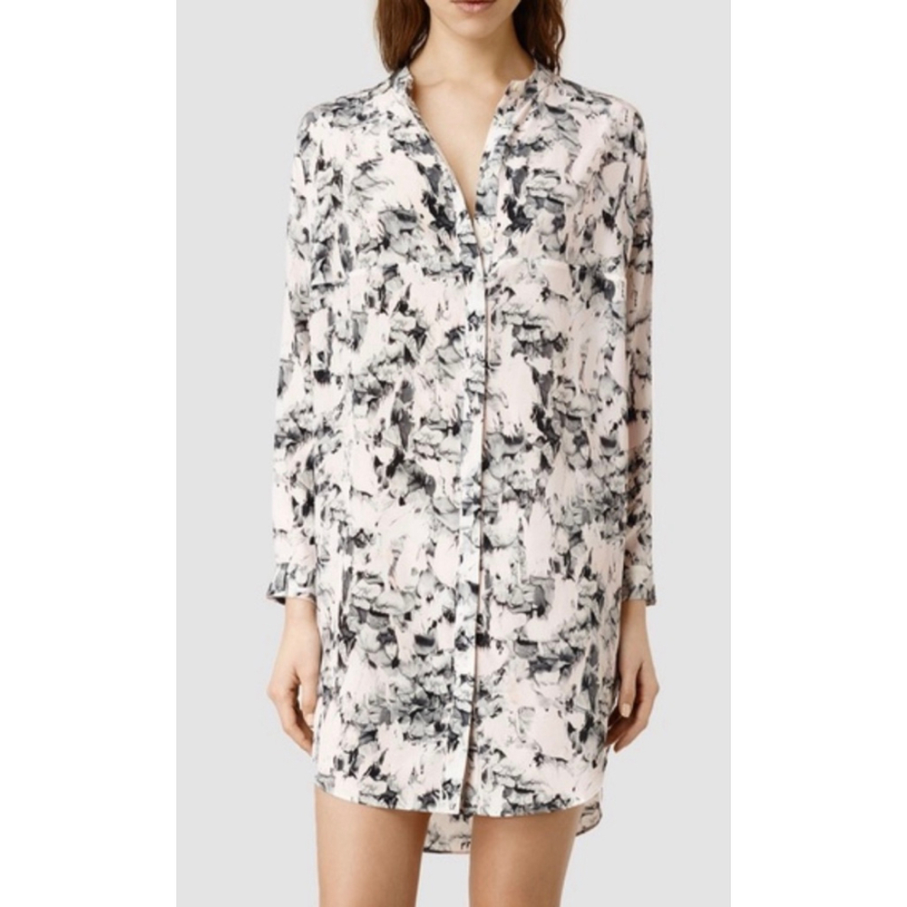 ALLSAINTS silk Button Down  Shirt Size one size Off-White Black Abstract Print